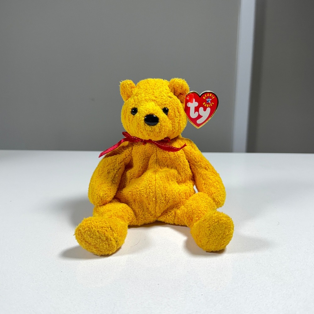 Ty Beanie Baby Poopsie Bear Unisex Small Yellow 2001 Plush Toy